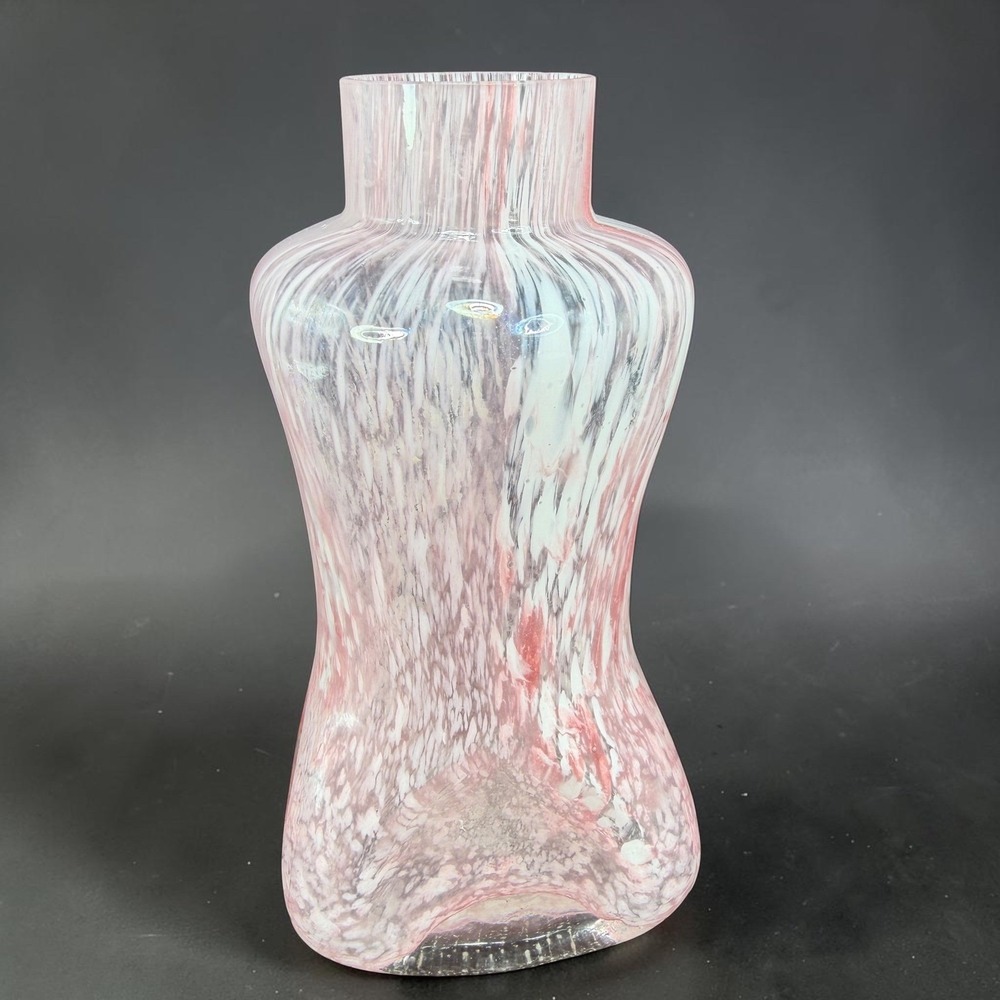 Pink White Swirl Art Glass Vase Blown Torso Shape Mottled Decor 6 Inch VTG